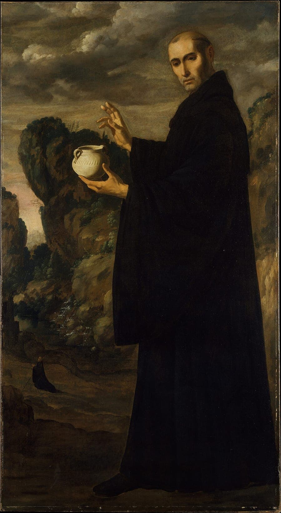 Francisco de Zurbarán's Saint Benedict: the saint in a black habit stands in a dark landscape holding a glass orb