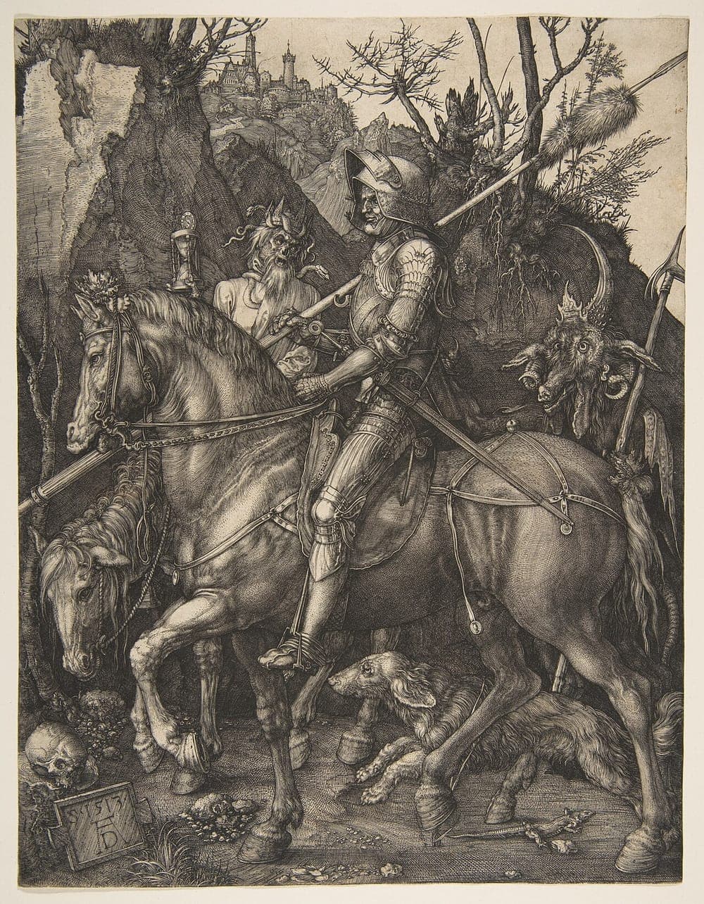 Albrecht Dürer's engraving Knight, Death and the Devil: an armoured knight on horseback rides through a dark wood past a skeletal figure of Death and a horned devil